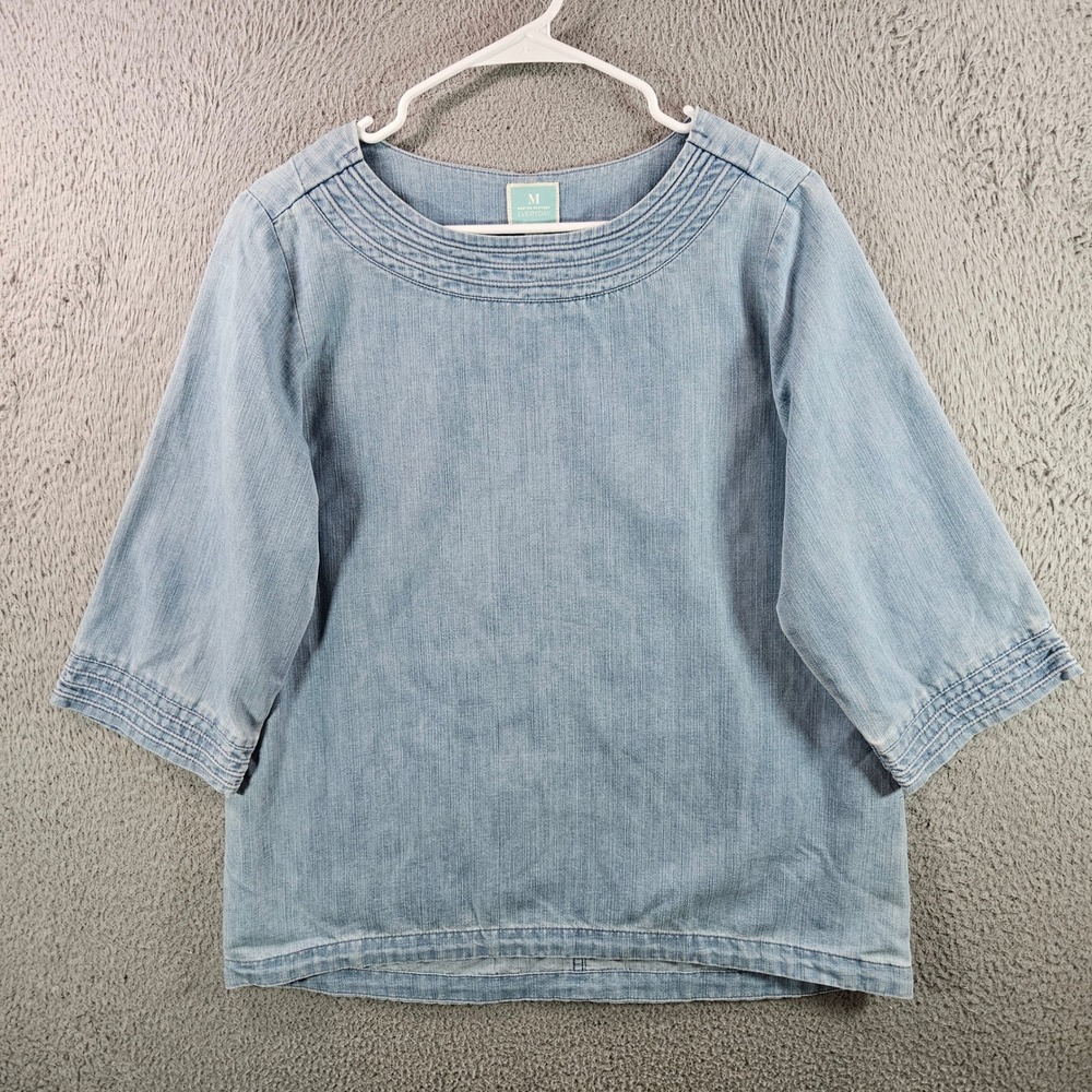 Martha Stewart Everyday‎ Denim Chambray Light Wash 3/4 Sleeve Top Size S